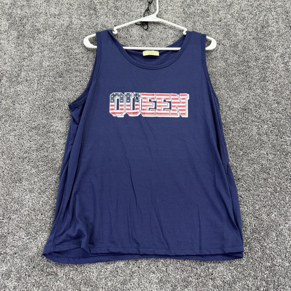 Bobbie Brooks Tank Top Womens L Blue Queen USA Flag Graphic Patriotic Casual